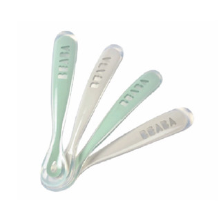 BEABA Set of 4 Ergonomic 1st Stage Silicone Spoons - Light Grey / Frosty Green