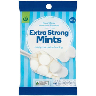 จากออสเตรเลีย🇦🇺ลูกอมรสมิ้นท์ woolworths extra strong mint &amp; crown mint 225g.