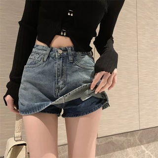Cicishop(829)กระโปรงกางเกงยีนส์สั้นเอวสูง ทรงคลาสิค เก็บทรงสวยเป๊ะดีงามสไตล์เกาหลี