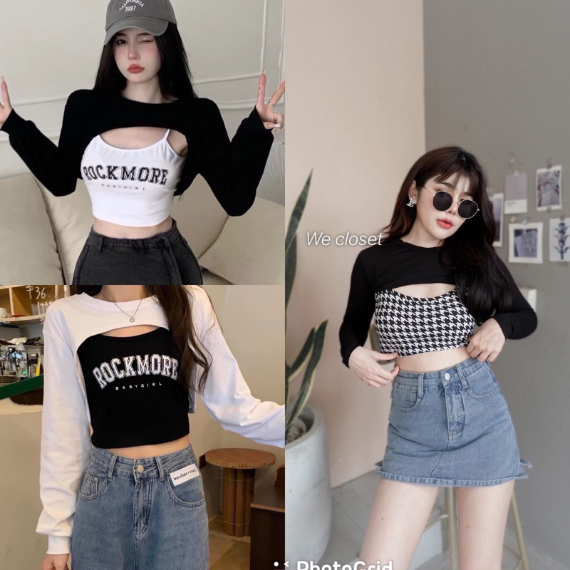 mnv_shop Set2ชิ้น เสื้อครอปแขนยาวมาพร้อมมินิครอปด้านใน ลายชิโนสุดแช่บ แนะนำเลยครา