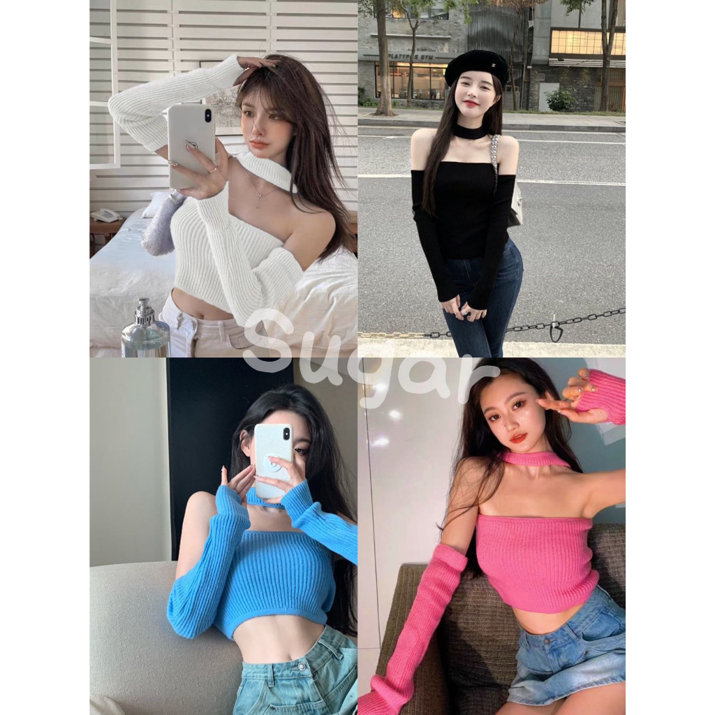 Sugar พร้อมส่ง เสื้อเซ็ท2ชิ้น เสื้อครอป คล้องคอ+ปอกแขน ผ้าไหมพรมเซ็กซี่(U042）
