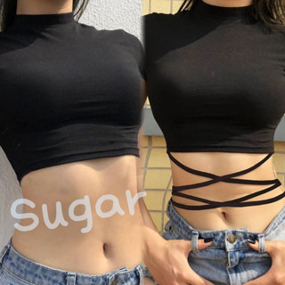 Sugar 🌈พร้อมส่ง🌈เสื้อครอปแขนสั้น คอสูง เสื้อยืด ผ้านิ่มใส่สบาย น่ารัก(45/44)