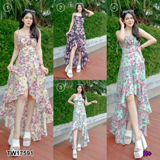 Maxi Dress แม็กซี่เดรสสายเดี่ยวผูกไหล่ แต่งระบายบายแหวกหางปลา มีสายผูกโบว์หลัง ผ้าไหมอิตาลี่ลายดอก AP17591