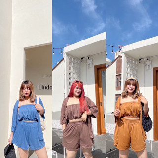 W0125 ชุดเซ็ต 3ชิ้น เกาะอก +กางเกงขาสั้น+เสื้อคลุม plussize สาวอวบ