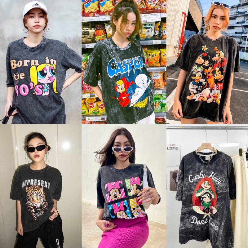 พร้อมส่ง เสื้อผ้าฟอกลายการ์ตูนน่ารักๆ งานป้ายAll in ทรงโอเวอร์ไซส์