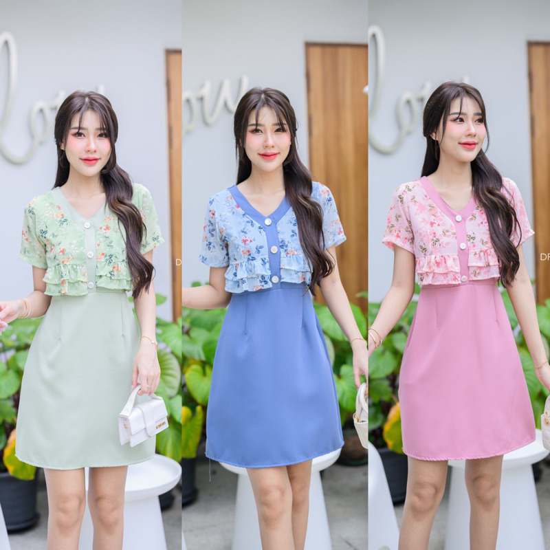C71 Flower เดรสแขนสั้นแต่งผ้าลายดอกชีฟอง