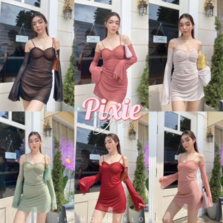 Pixie dress เดรสผ้ามุ้งสายเดี่ยวจับจีบอกเย็บติดปลอกแขน รัดรูปสวยมาก ตรงกระโปรงมีความระบายออก ช่วยพลางสะโพก