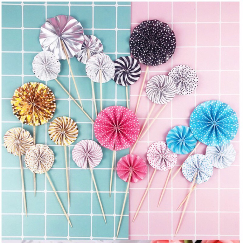 พร้อมส่ง ท็อปเปอร์กระดาษ รูปพัด ขนาดเล็ก สําหรับตกแต่งเค้กวันเกิดเด็ก 4 ชิ้น ต่อล็อต. D12