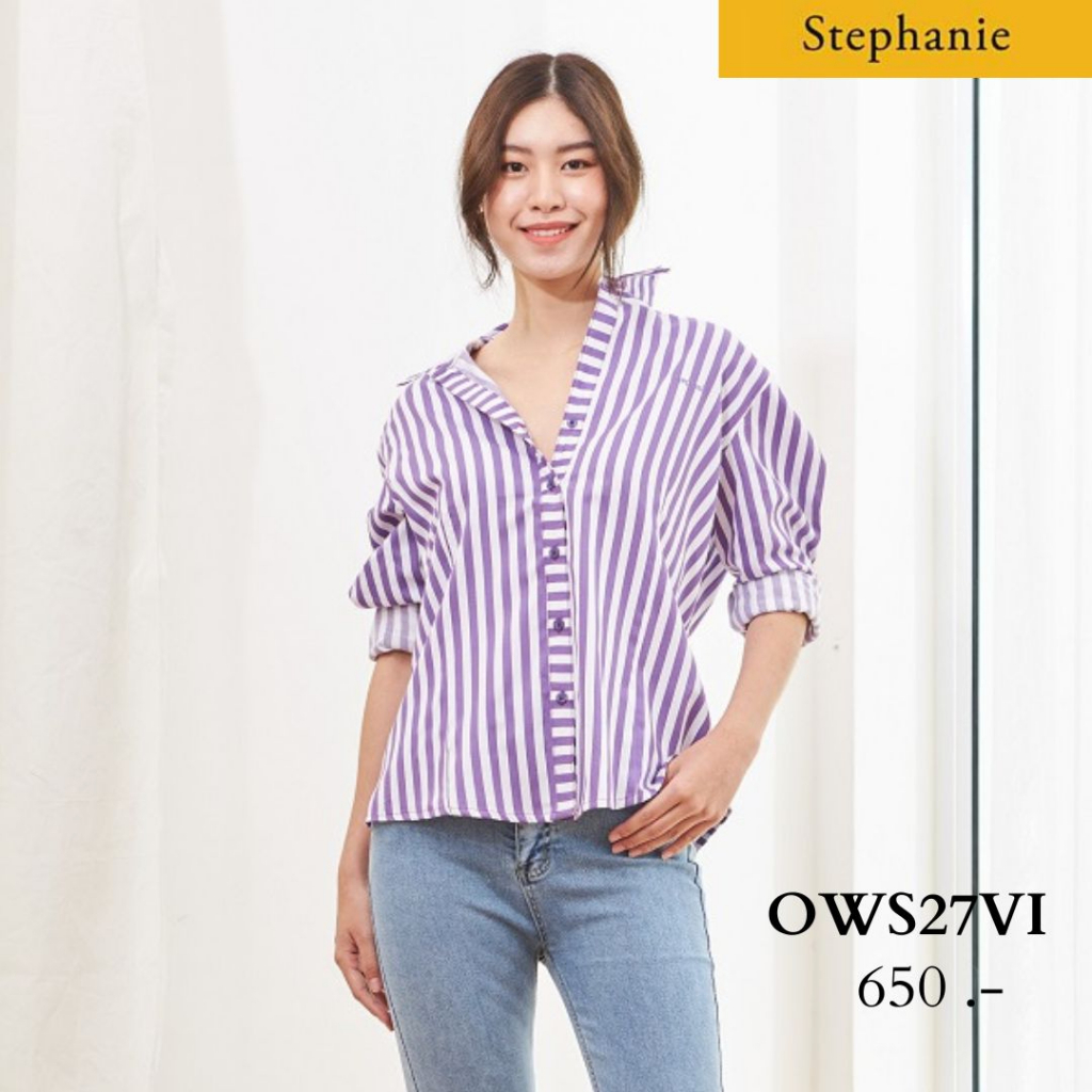 GSP Stephanie เสื้อมีปก แขนยาว ลายทางสีม่วง (OWS27VI)