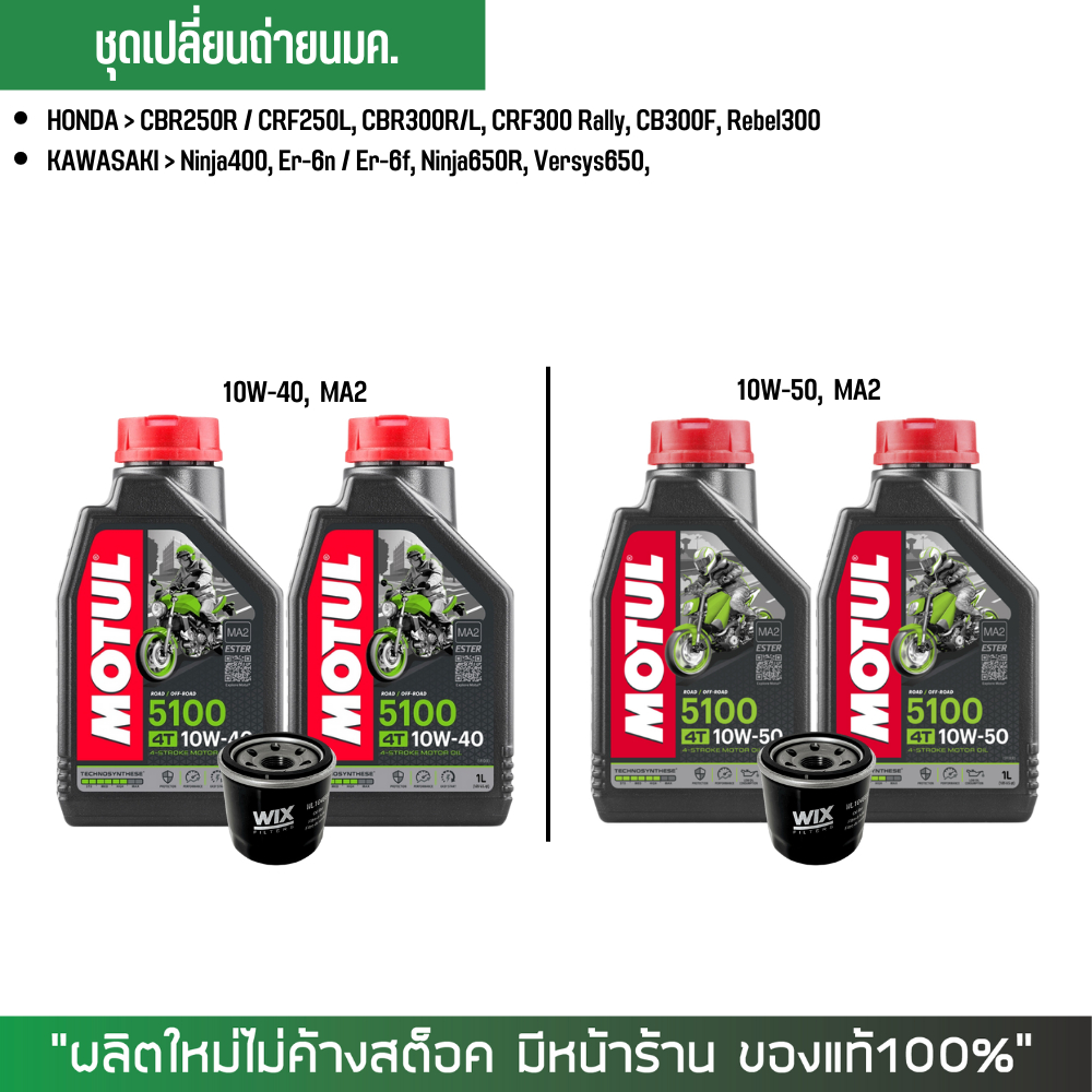 ชุดน้ำมันเครื่อง MOTUL 5100 จำนวน 2 ขวด + กรองน้ำมันเครื่อง WIX