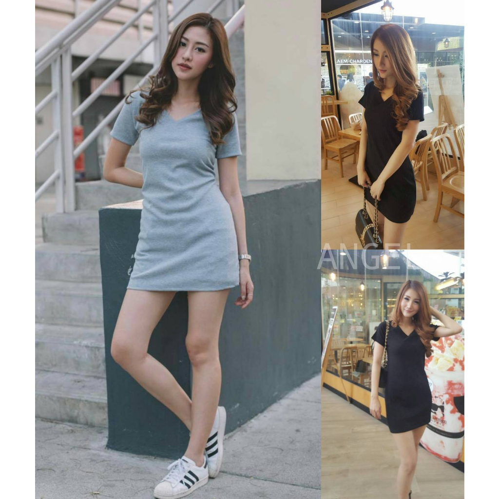พร้อมส่งTOPSHOP💋เดรสสั้นคอวี ผ้าร่องทรงสวยใส่สบาย💋 งานป้าย