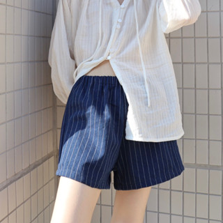 Theremin Summer shorts (jeans stripe, white, black) กางเกงขาสั้นเอวยาวยืดเอวกลาง