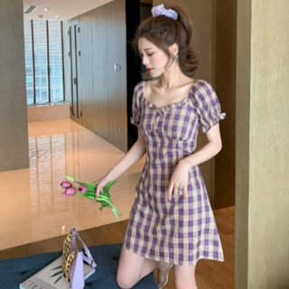 ชุดเดรสกระโปรงลายสก๊อตม่วงเหลือง เดรสเข้ารูป แขนสั้นตุ๊กตา(สาวไซส์เล็ก) B314