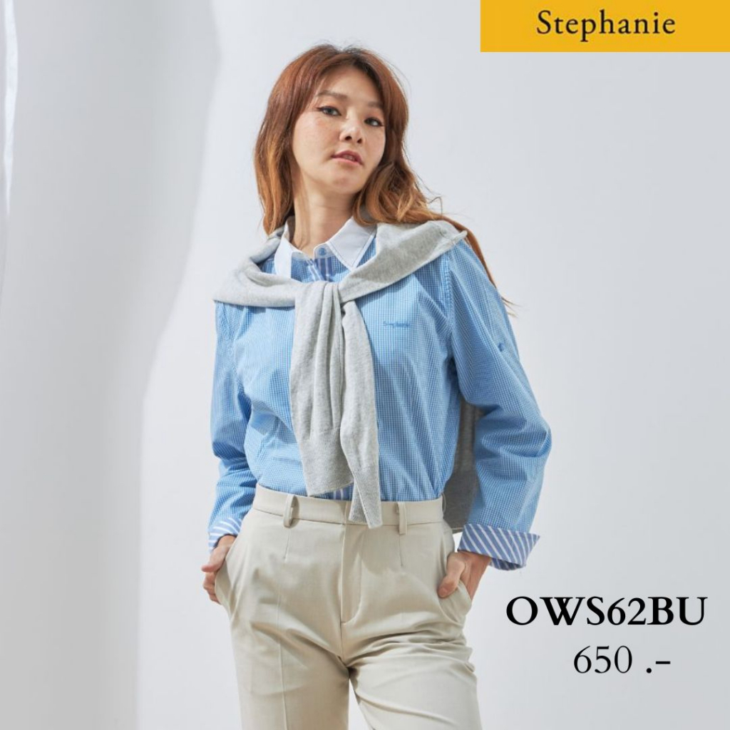 GSP Stephanie เสื้อมีปก แขนยาว ลายทางสีฟ้า (OWS62BU)