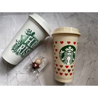 Set Starbucks Japan Reusable Cup Valentine 2023 &amp; Bearista Stopper Valentine 2023 เซ็ตเเก้วรียูสต่างประเทศ 473ml จุกหมี