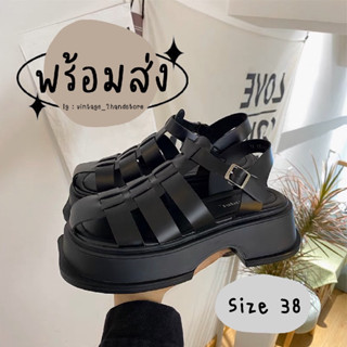 ꒰ size 38 ꒱ คุณภาพดีคุ้มค่า‼️รองเท้าแตะหนังส้นหนา รองเท้าสานสีดำ คัชชูผู้หญิงสวมใส่สบาย