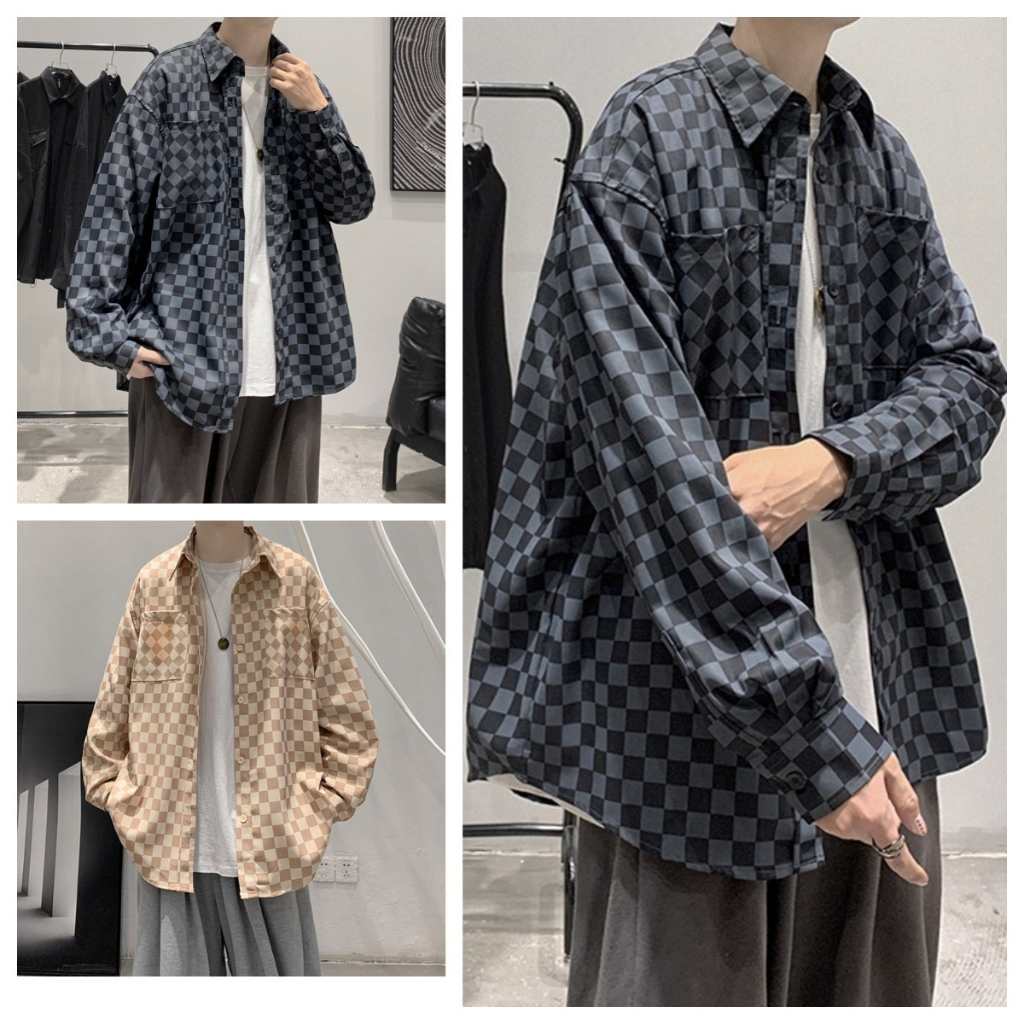 สินค้าขายดี M-2XL ใหม่ เสื้อเชิ้ตแขนยาวผู้ชาย ลายตาราง รุ่น MMA9646 สี ดำ/ครีม แฟชั่นรุ่นยอดฮิต