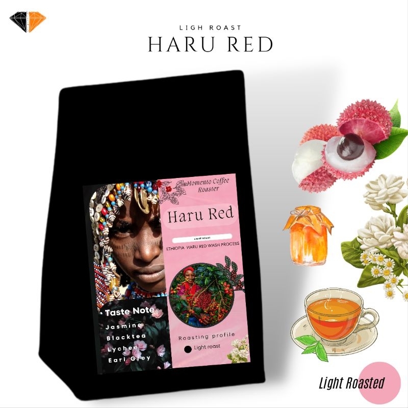 เมล็ดกาแฟคั่วเอธิโอเปีย Ethiopia "Haru Red"  คั่วอ่อน Taste : Jasmine Black tea Lychee Earl Grey