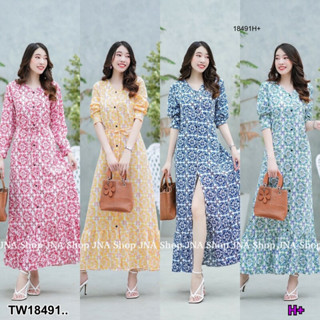 TT18491 เดรสเชิ้ตลายกราฟฟิกแขนยาว ผูกเอว .Graphic print shirt dress with long sleeves and ties at the waist..