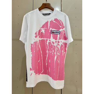 PALM ANGELS SCRAPED WALL CLASSIC LOGO-PATCH COTTON TEE WHITE PINK เสื้อยืดคอกลมแขนสั้น แบรนด์ปาล์มแองเจิล