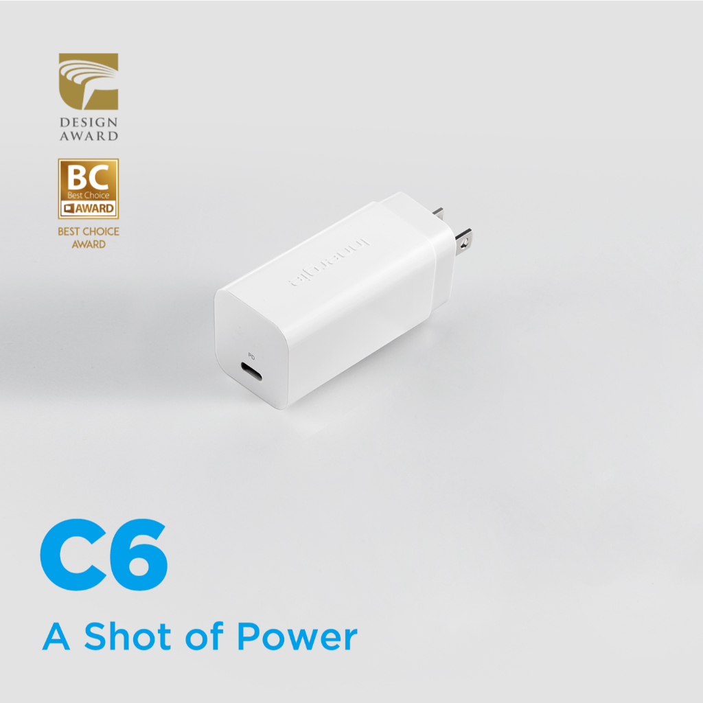 Innergie C6 (US) หัวชาร์จ Type-C 60 วัตต์ รุ่นหัวปลั๊กเดี่ยว US  ฟรีสายชาร์จ C-C 1m USB 3.1 ชาร์จแบะถ่ายโอนข้อมูลเร็ว