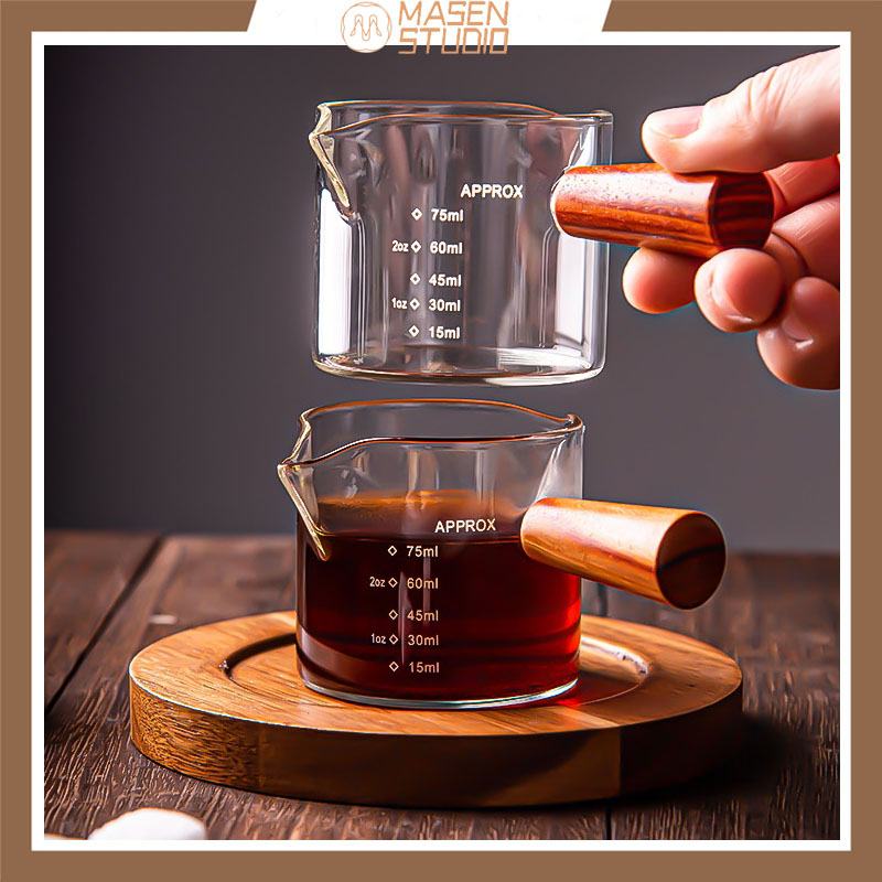 Masen แก้วตีฟองนม 75ml แก้วชงกาแฟ พร้อมด้ามจับไม้ ถ้วยตวง Measuring Cup