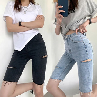 👖Sexy👖 กางเกงยีนส์ผู้หญิงขาสั้น สามส่วน ผ้ายืด เอวสูง ทรงเข้ารูป เก็บทรง 3ส่วน กางเกงขาสั้นผู้หญิง