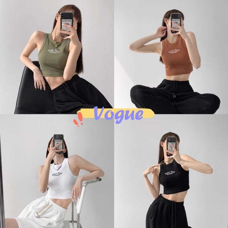 Vogue พร้อมส่ง เสื้อกล้ามครอปไหมพรม ผ้านิ่มใส่สบายดีเทลผ้าร่อง ปักตัวอักษร (M2312) -N