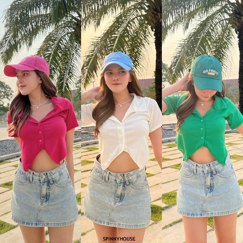 SpinnyHouse เสื้อครอปเชิ้ต แขนสั้น ปลายเสื้อแหลม ใส่แล้วพรางหุ่นสุด ดีไซน์เก๋สุด นางแบบใส่งานจริง เชิ้ตโบนัส