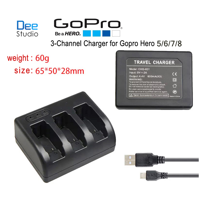 3-Channel Charger for GoPro Hero5 / Hero6 / Hero7 / Hero8 ช่องชาร์จ 3 ช่องสำหรับ GoPro Hero5 / Hero6