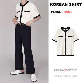 [HERMANZ] เสื้อเชิ้ตแขนสั้นสีขาว สไตล์เกาหลี