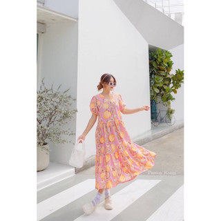 Lemon print maxi dressเดรสแขนพองบอลลูนทรงปล่อยหลวมๆปริ้นลาย (มะนาว)