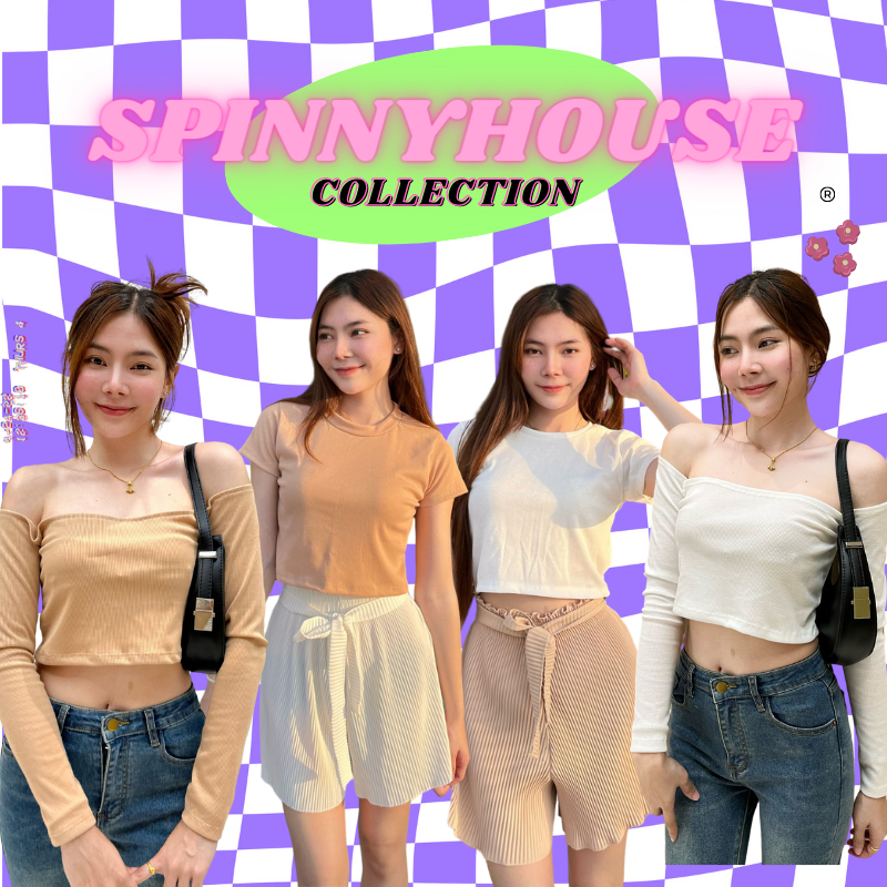 SpinnyHouse เสื้อครอปปาดไหล่ ครอปแขนสั้น ผ้าร่องนิ่มมาก ใส่แล้วลุคคุณหนูสุด รุ่น ปาดไหล่ ครอปแขนสั้น 45