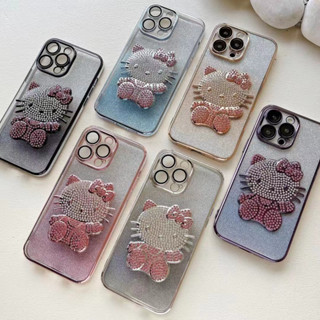 🎁ส่งของขวัญ🎁เคสไอโฟน 11 13 12 Pro Max Hello Kitty KT ผงกลิตเตอร์ ด้วยเพชร เคส for ไอโฟน14 pro max plus soft case Iphone