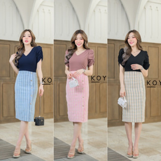 K335-3 เดรสคอวีย่นแขนกระโปรงทรงสอบผ่าหลัง ผ้าบนฮานาเล ล่างผ้าทวิส