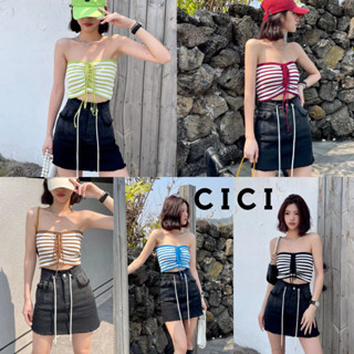 Cici(NO.B3655)เสื้อเกาะอกไหมพรมลายทางรูดหน้าดีเทลสายคล้องคอสุดปังแมทซืได้หลายลุค