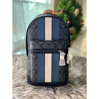 (ผ่อน0%) กระเป๋าคาดอก คาดหลัง 🔻Coach West Pack In Signature Canvas With Varsity Stripe 2999 ลายซีสีเทาดำ คาดน้ำเงิน