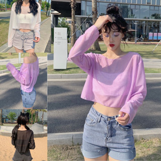 Korean🧧 เสื้อยืดครอปผ้าซีทรูสีพื้น คอกลมแขนยาว 3 สี