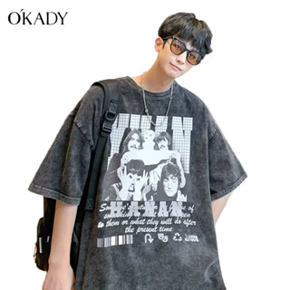 OKADY เสื้อยืดผู้ชาย เสื้อยืดคอกลม แขนสั้นพิมพ์ลายสไตล์เกาหลี  ผ้านุ่มใส่สบายมาก