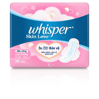 Whisper Skin Love อัลตร้าสลิม แบบมีปีก สำหรับวันมาปกติ 24 ซม 18 แผ่น