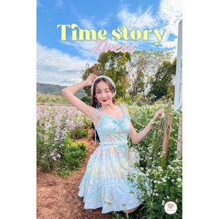 Time story Dress เดรสพิมพ์ลายยูนิคอร์นโทนฟ้า เเต่งโบว์กลางอกกระดุมหัวใจใครใส่ก็น่ารัก สายผูกไหล่ได้เอง sizeL