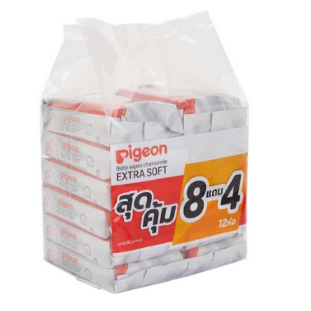PIGEON เบบี้ไวพส์สูตรคาโมมายล์ผ้าหนานุ่ม 60 แผ่น แพ็ค 12 ซอง