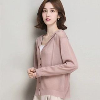 （การซื้อแบบจำกัดการขายการกวาดล้างการลดราคาอย่างบ้าคลั่ง） เสื้อคลุมคาร์ดิแกนถักผู้หญิงผ้าไหมน้ำแข็งมีฮู้ดส่วนบาง