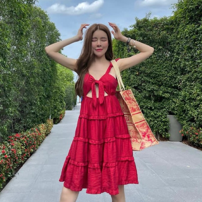 Flat2112 ‼️Used once‼️ เดรสสั้นสายเดี่ยว ดีเทลผูกโบว์ตรงอก FLAT2112 เดรสสีแดง/ สีขาว