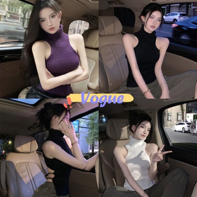 Vogue🌟พร้อมส่ง🌟 เสื้อไหมพรมคอเต่าแขนกุด เว้าหลังสุดแซ่บต้องมีแล้วแม่ (8429)