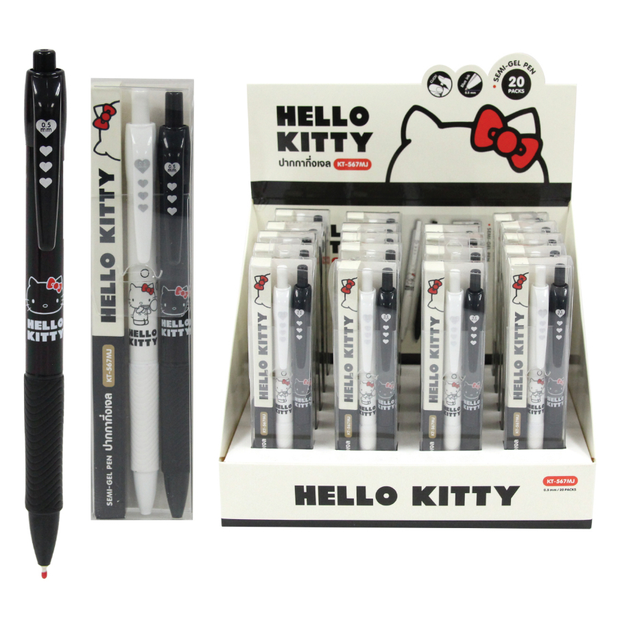 ปากกา Hello Kitty KT-567MJ ปากกากึ่งเจล Semi Gel Pen หมึกสีน้ำเงิน ขนาด 0.5mm. ด้ามสี ขาว ดำ บรรจุ 2
