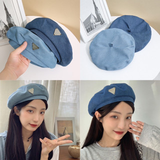 (PN) หมวกเบเร่ต์ Beret ผ้ายีนส์ ติดเข็มกลัด