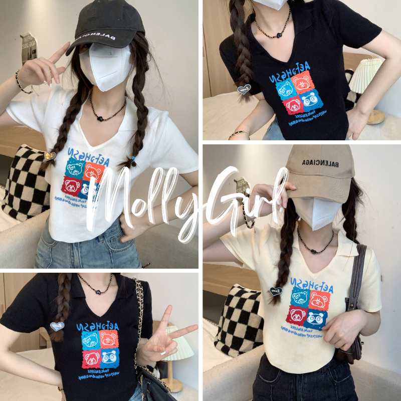 Mollygirl เสื้อครอปคอวี มาใหม่ งานสกรีน