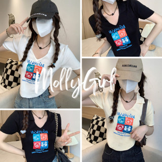 Mollygirl เสื้อครอปคอวี มาใหม่ งานสกรีน 0882-1#