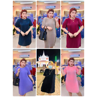 เดรสอัดพลีท เดรส เดรสสาวอวบ ใส่สบาย คอกลม แขนสั้น